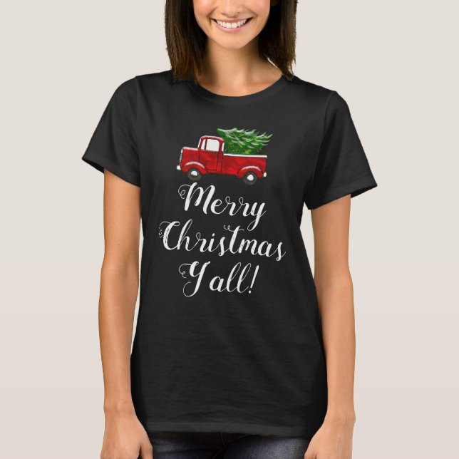 Rotes LKW-Baum-frohe Weihnachten Yall Land lustig T-Shirt (Vorderseite)