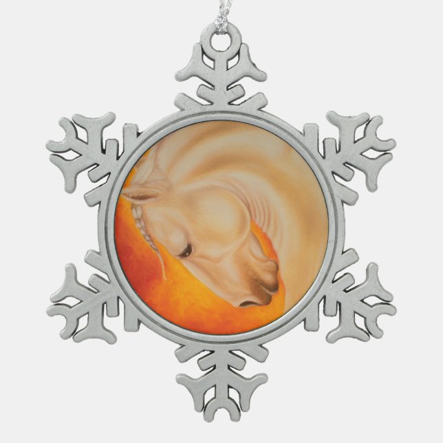 Rotes Lusitano Pferdepferdeartige Kunst Schneeflocken Zinn-Ornament (Vorderseite)