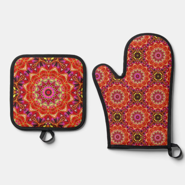 Rotes MANDALA  Ofenhandschuh & Topflappen-Set (Vorderseite)