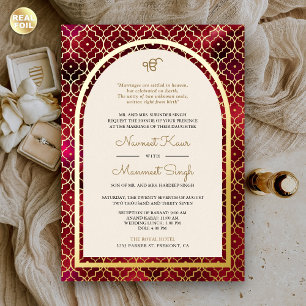 Rotes marokkanisches Muster Sikh Bogen Hochzeit Go Folieneinladung
