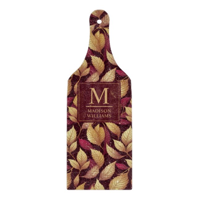Rotes Marone Gold Glitter Herbstlaub Muster Schneidebrett (Vorderseite)