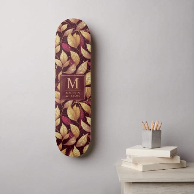 Rotes Marone Gold Glitter Herbstlaub Muster Skateboard (Wandkunst)