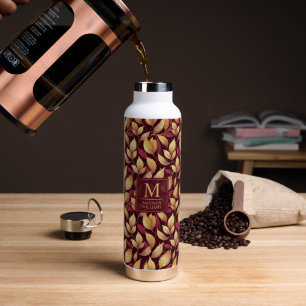 Rotes Marone Gold Glitter Herbstlaub Muster Trinkflasche