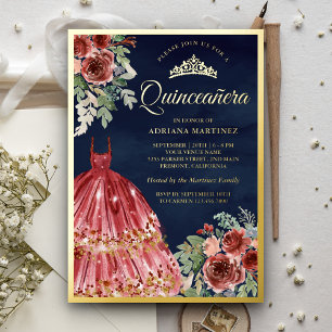 Rotes Marsala Floral Kleid Quinceanera Navy Gold Folieneinladung