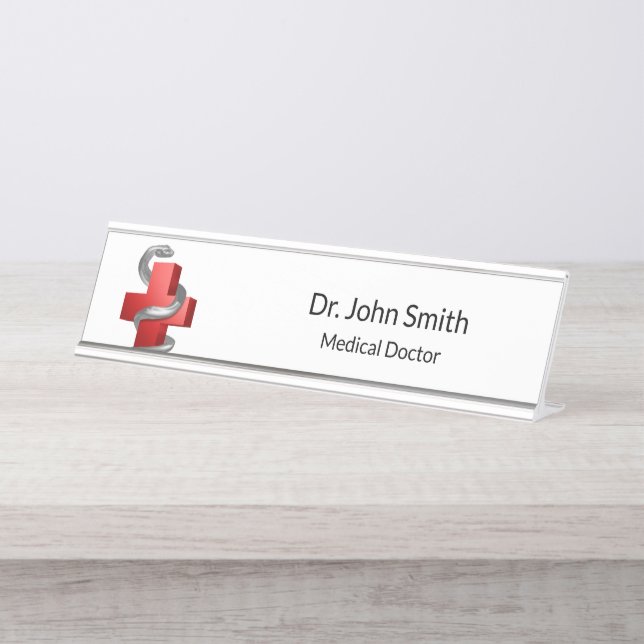Rotes medizinisches Kreuz Silber Schlangensymbol Schreibtischnamensplakette (Vorderseite )