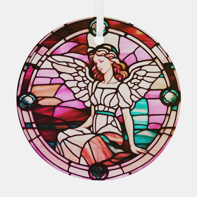 Rotes mehrfarbiges Engel-Hartglas-Fenster Ornament Aus Glas (Rückseite)