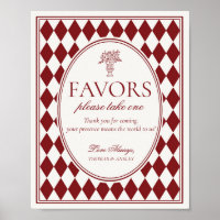 Rotes Merlot-Harlekin-Karo-Hochzeitsgunst-Schild