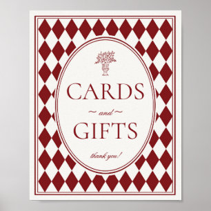 Rotes Merlot Harlequin Schachbrett Karten und Gesc Poster