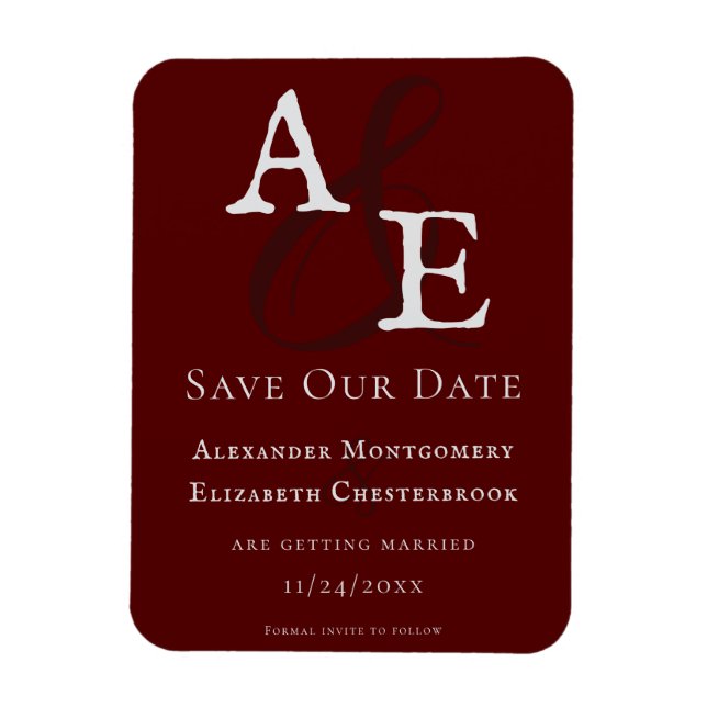 Rotes Minimalistisches Monogramm Save the Date Magnet (Vertikal)
