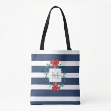 Rotes Mit Blumenblaues u. Weiß Stripes Monogramm