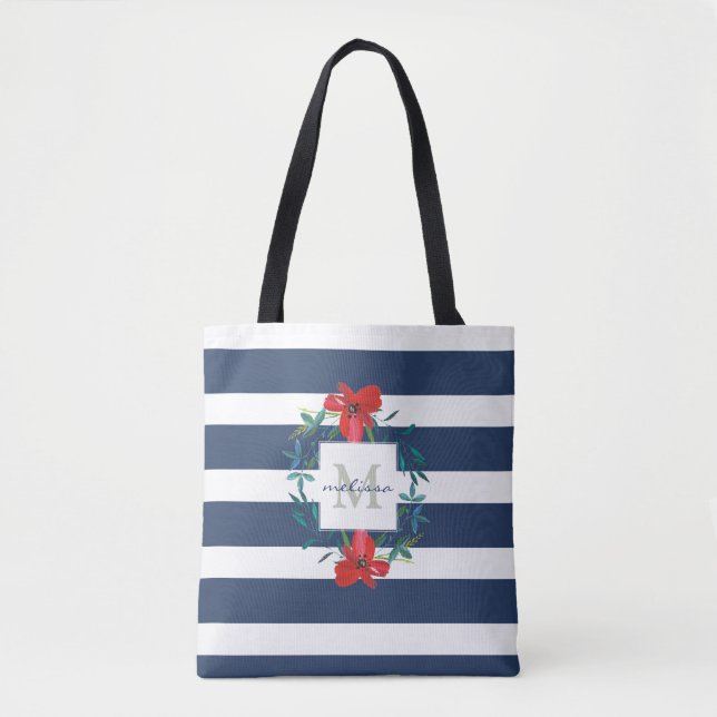 Rotes Mit Blumenblaues u. Weiß Stripes Monogramm Tasche (Vorderseite)