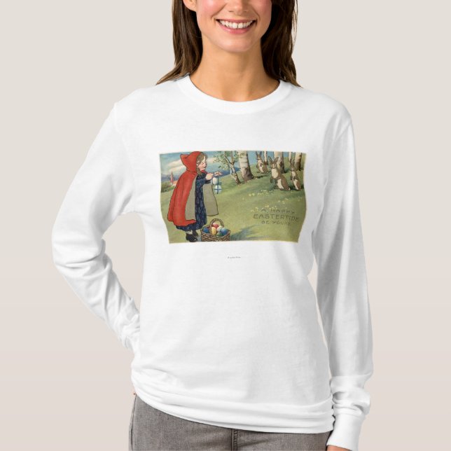 Rotes mit Kapuze Mädchen, das Eier zu den T-Shirt (Vorderseite)