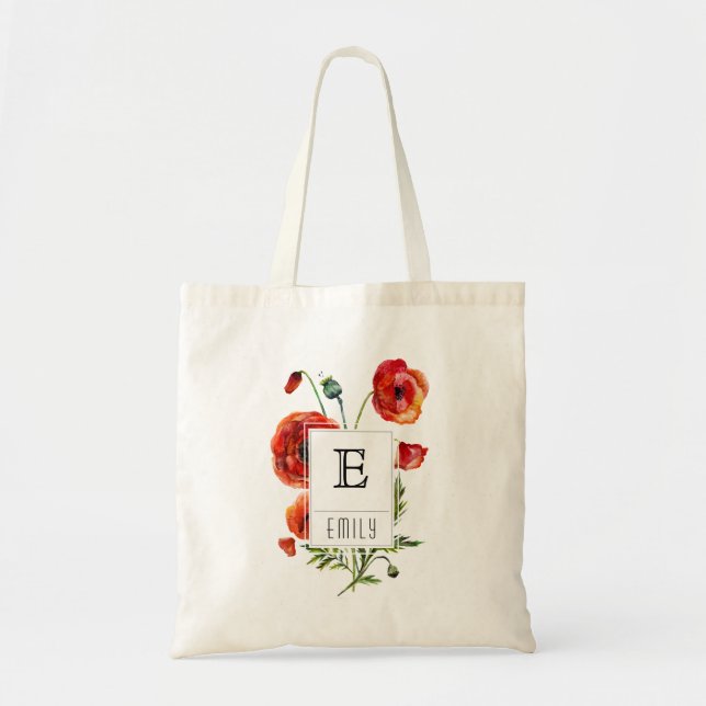 Rotes Mohnblumen-Blumenmonogramm-personalisierte Tragetasche (Vorne)