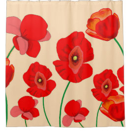Rotes Mohnfeld auf beigem Hintergrund Duschvorhang