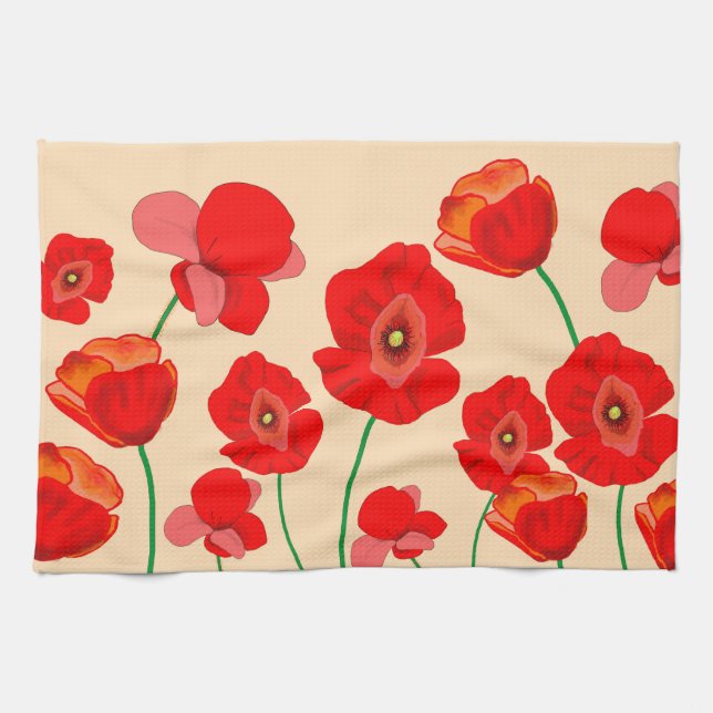 Rotes Mohnfeld auf beigem Hintergrund Geschirrtuch (Horizontal)