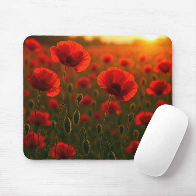 Rotes Mohnfeld bei Sonnenaufgang Mousepad (Mit Mouse)