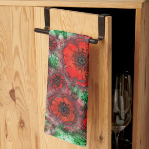 Rotes Mohnfeld Wasserfarbe Botanische Linienkunst  Geschirrtuch