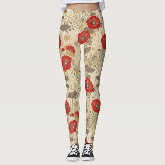 Rotes Mohnmuster Leggings (Vorderseite)