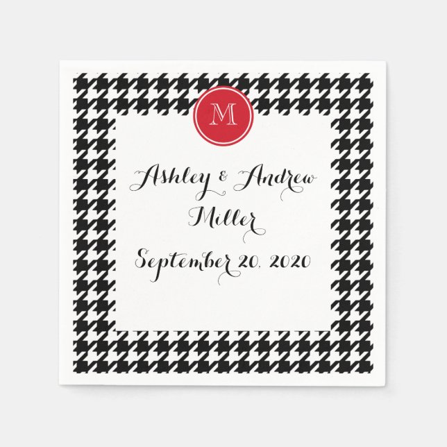 Rotes Monogramm aus schwarzem Hahnentrittmuster Serviette (Vorderseite)