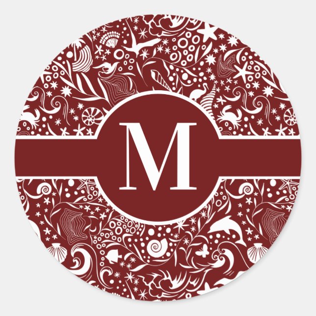 Rotes Monogramm erstes Ocean Muster Classic Runde  Runder Aufkleber (Vorderseite)