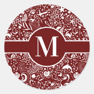 Rotes Monogramm erstes Ocean Muster Classic Runde Runder Aufkleber