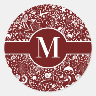 Rotes Monogramm erstes Ocean Muster Classic Runde  Runder Aufkleber