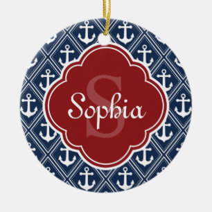 Rotes Monogramm für das blaue Anchor-Muster Keramik Ornament
