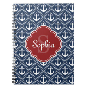 Rotes Monogramm für das blaue Anchor-Muster Notizblock