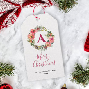 Rotes Monogramm Rosa Kranz Grünzeug Weihnachten Geschenkanhänger