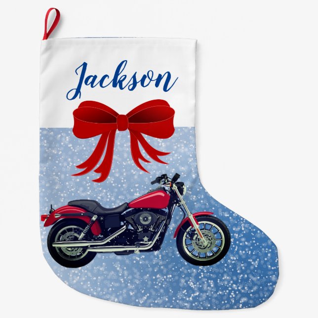 Rotes Motorrad und Schnee Grosser Weihnachtsfest S Großer Weihnachtsstrumpf (Vorderseite)