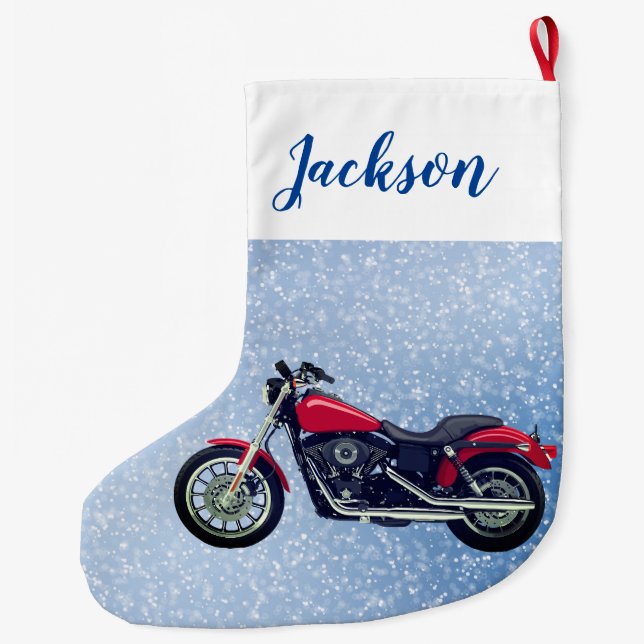 Rotes Motorrad und Schnee Großer Weihnachtsstrumpf (Rückseite)