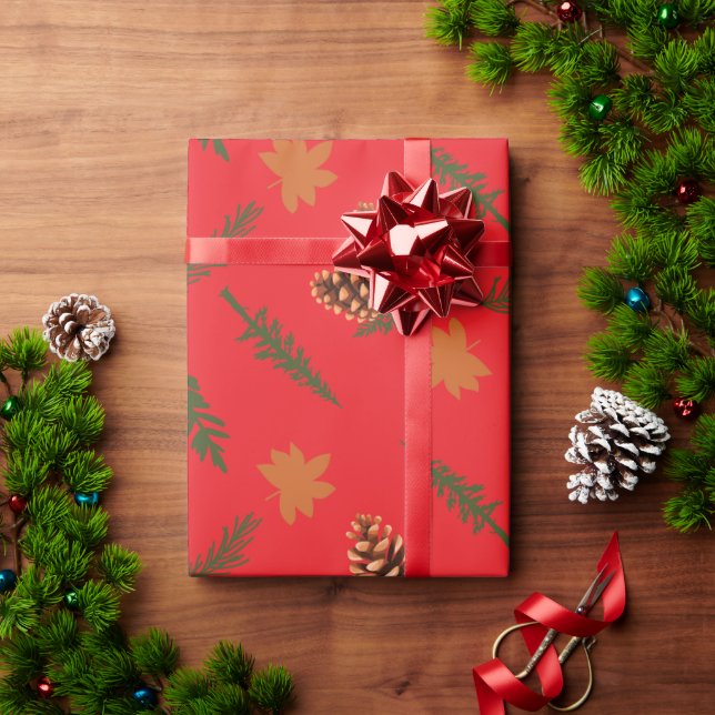 Rotes Nahtloses Umschlagpapier: Ahornleaf Pinecone Geschenkpapier (Feiertagsgeschenk)
