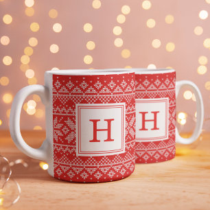 Rotes nordisches Strickmuster-Monogramm-Feiertag Kaffeetasse