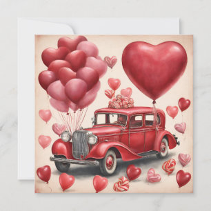Rotes Oldtimer-Auto mit Valentinstag-Balloons Feiertagskarte