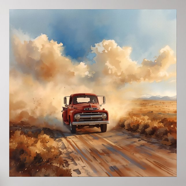 Rotes Oldtimer-Lastwagen fährt durch die Wüstenlan Poster (Vorne)