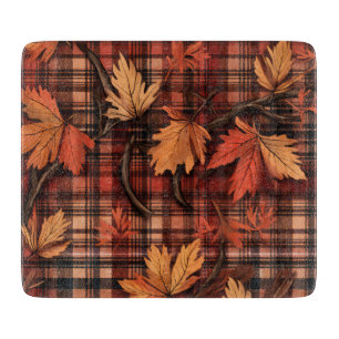ROTES ORANGE GELBE KARIERT MIT HERBSTLAUBEN SCHNEIDEBRETT
