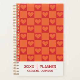 Rotes Orange Retro-Herz-Schachbrett Personalisiert Planer