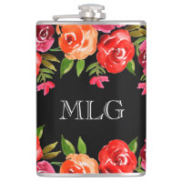 Rotes Orange Rosa Blume & Blätter auf Black Girly