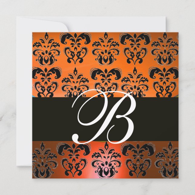 ROTES ORANGE YELLOW SCHWARZES DAMASK-MONOGRAMM, we Einladung (Vorderseite)