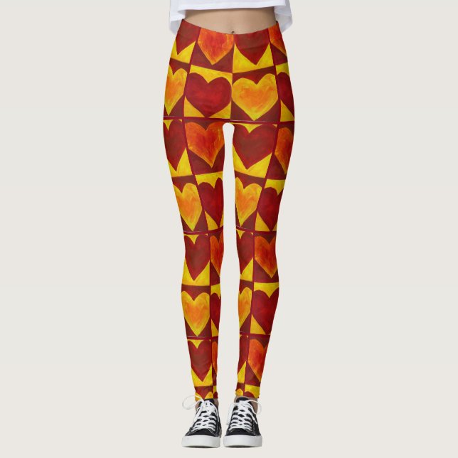 Rotes orangefarbenes Abstraktes Herz Kunst, Dichtu Leggings (Vorderseite)
