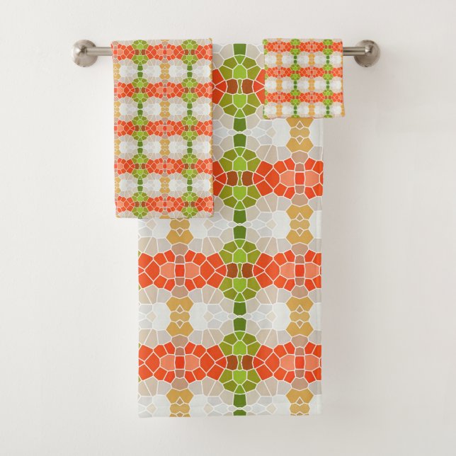 Rotes, orangefarbenes und grünes Muster Badhandtuch Set (Insitu)