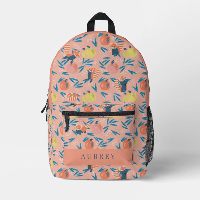 Rotes Panda und Apple Muster Koralle Pink Bedruckter Rucksack (Vorderseite)