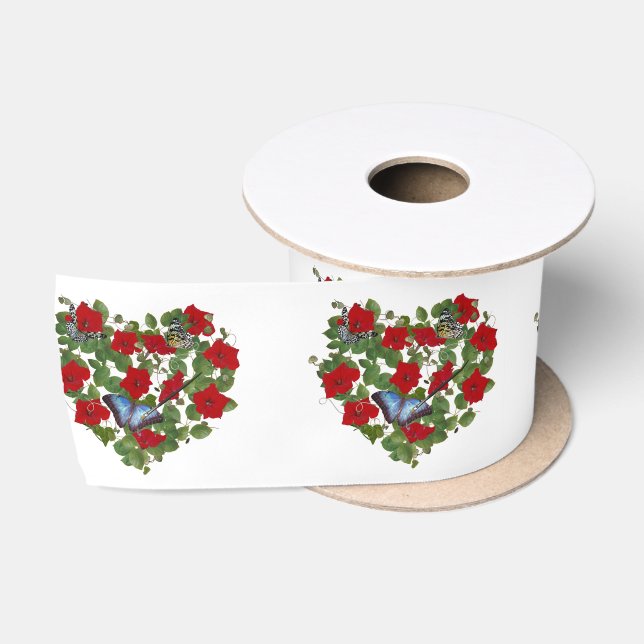 Rotes Petunia Herz mit blauem Schmetterling Satinband (Spule)