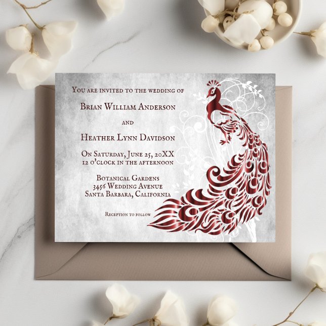 Rotes Pfauenleaf Weintrauben Einladung zur Hochzei (Red Peacock Leaf Vine Wedding Invitation)
