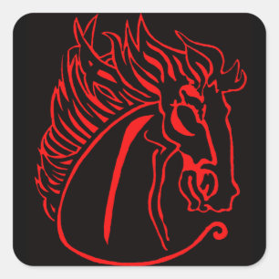 Rotes Pferd auf schwarzen Aufklebern am Platz Quadratischer Aufkleber