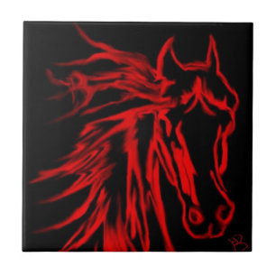 Rotes Pferd auf schwarzer Originalkunst  Fliese
