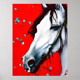 Rotes Pferd Hintergrund Blaue Blumen Poster