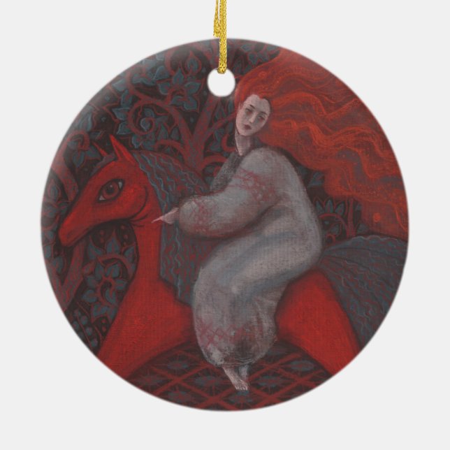 "Rotes Pferd", Rotkopffrau, surreale Kunst der Fan Keramikornament (Hinten)