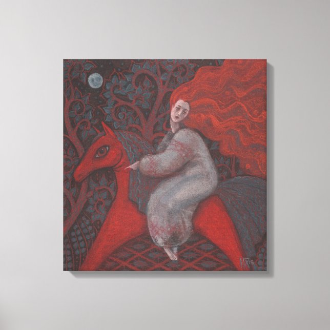 "Rotes Pferd", Rotkopffrau, surreale Kunst der Fan Leinwanddruck (Vorderseite)