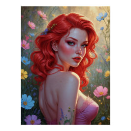 Rotes Pin-Up-Plakat in einem Blumenfeld Poster